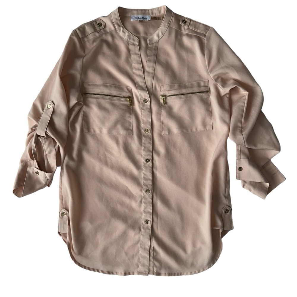CALVIN KLEIN TUNIC V-NECK NUDE PINK SATIN BUTTON-UP BLOUSE - SIZE US XS